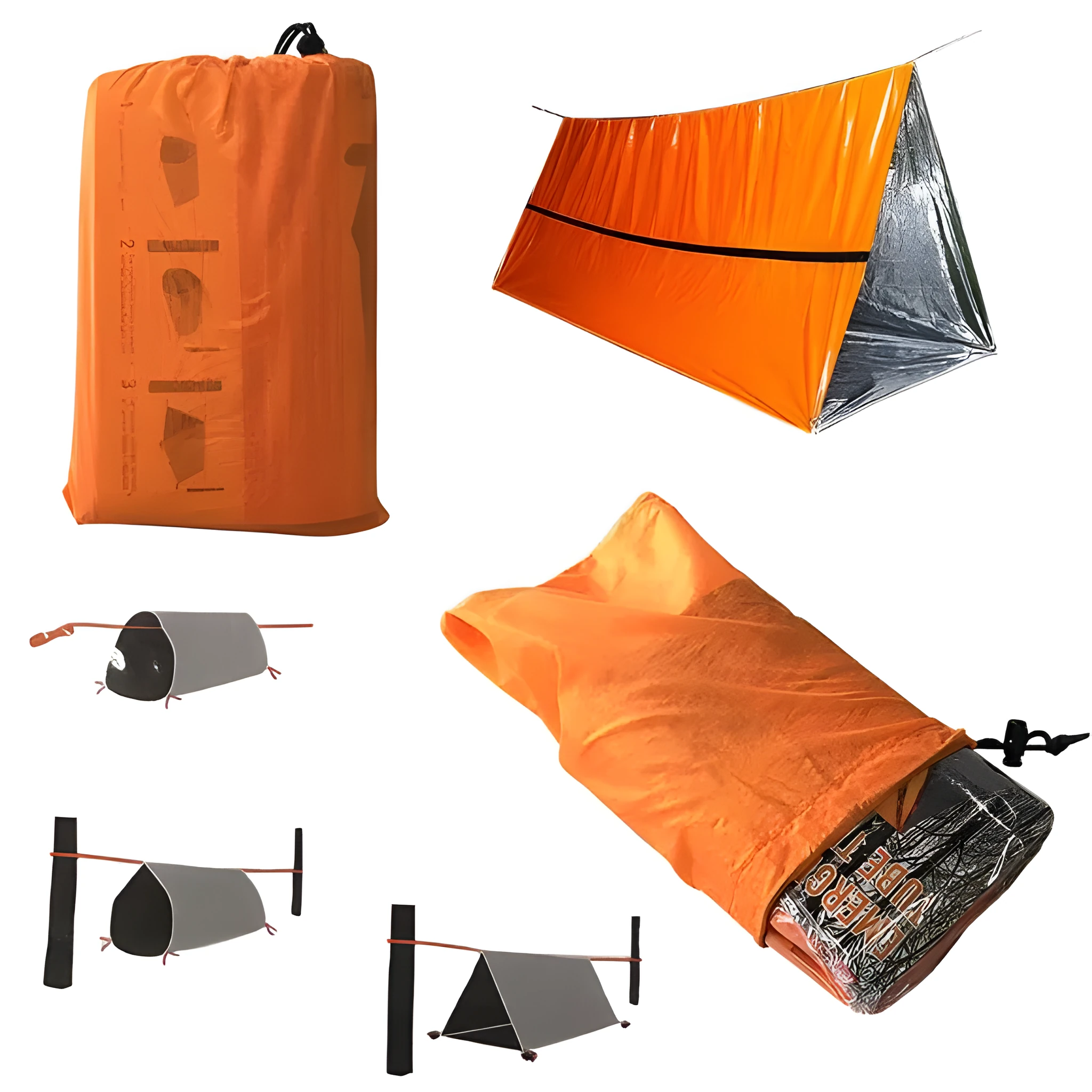 Orange PE aluminium film emergency sleeping bag folded and laid flat on outdoor ground