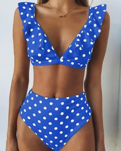 Women's dot floral border high waist swimsuit in blue, with built-in cup support, for beachwear.