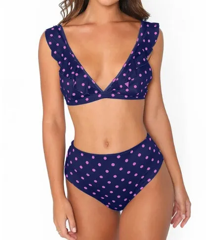 Women's dot floral border high waist swimsuit in blue, with built-in cup support, for beachwear.