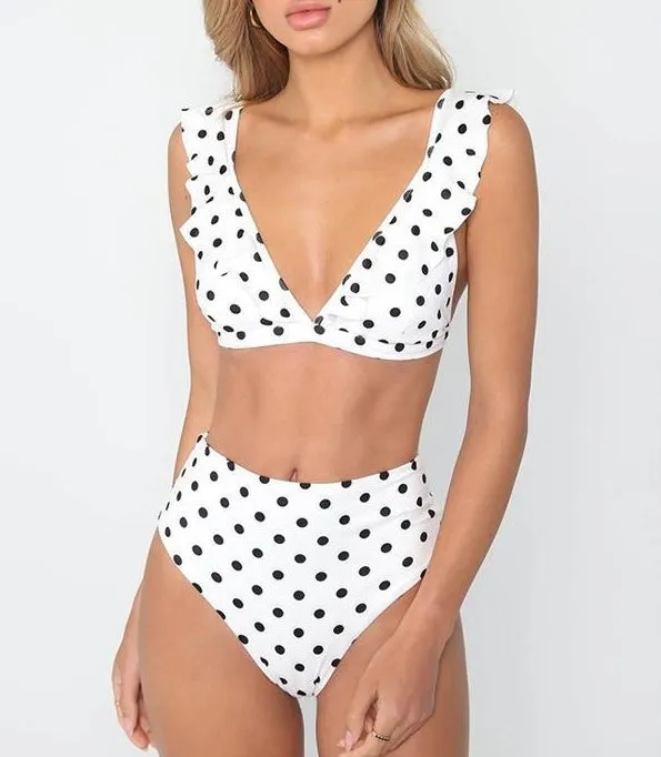 Women's dot floral border high waist swimsuit in blue, with built-in cup support, for beachwear.