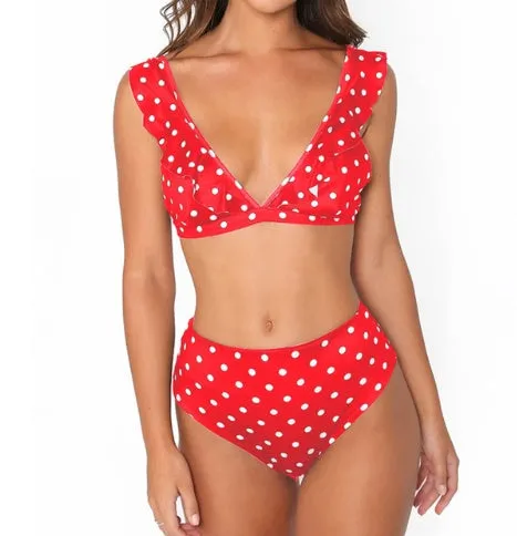 Women's dot floral border high waist swimsuit in blue, with built-in cup support, for beachwear.