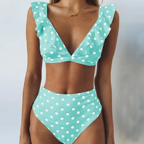 Women's dot floral border high waist swimsuit in blue, with built-in cup support, for beachwear.