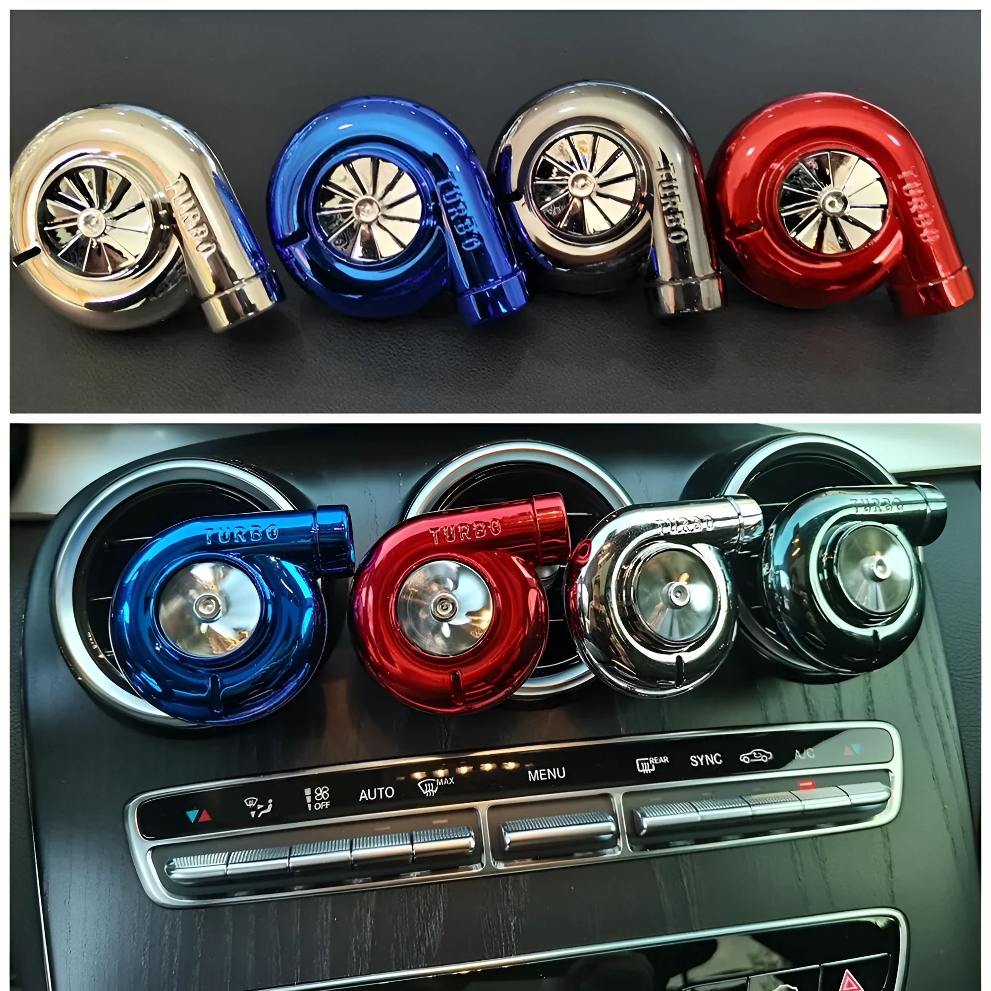 TURBO air outlet scented freshener in sapphire blue mounted on car vent for decoration and fragrance