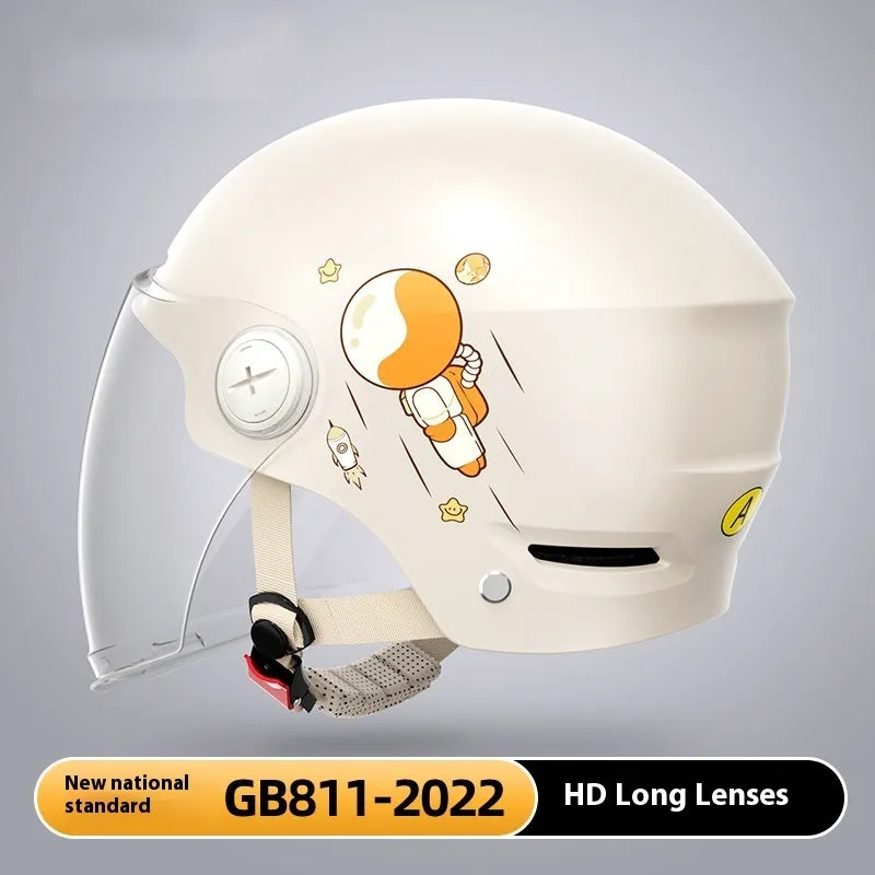Khaki coloured motorcycle half-helmet for adults with integrated tinted glasses on a stand.