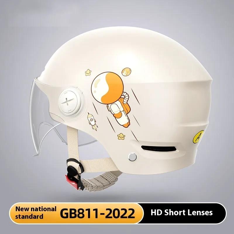 Khaki coloured motorcycle half-helmet for adults with integrated tinted glasses on a stand.