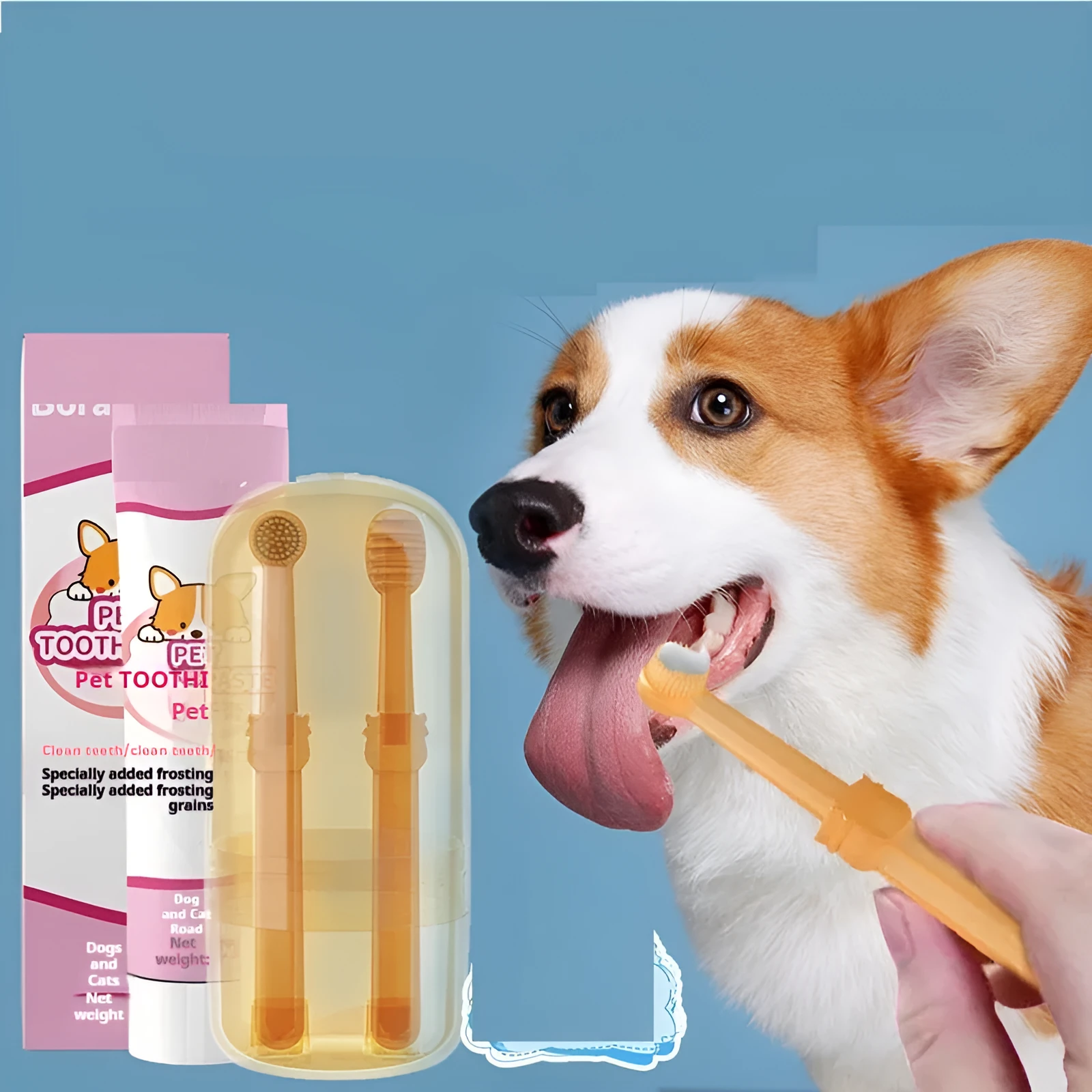 Pet cleaning care dog cat toothbrush set with two toothbrushes and toothpaste in box