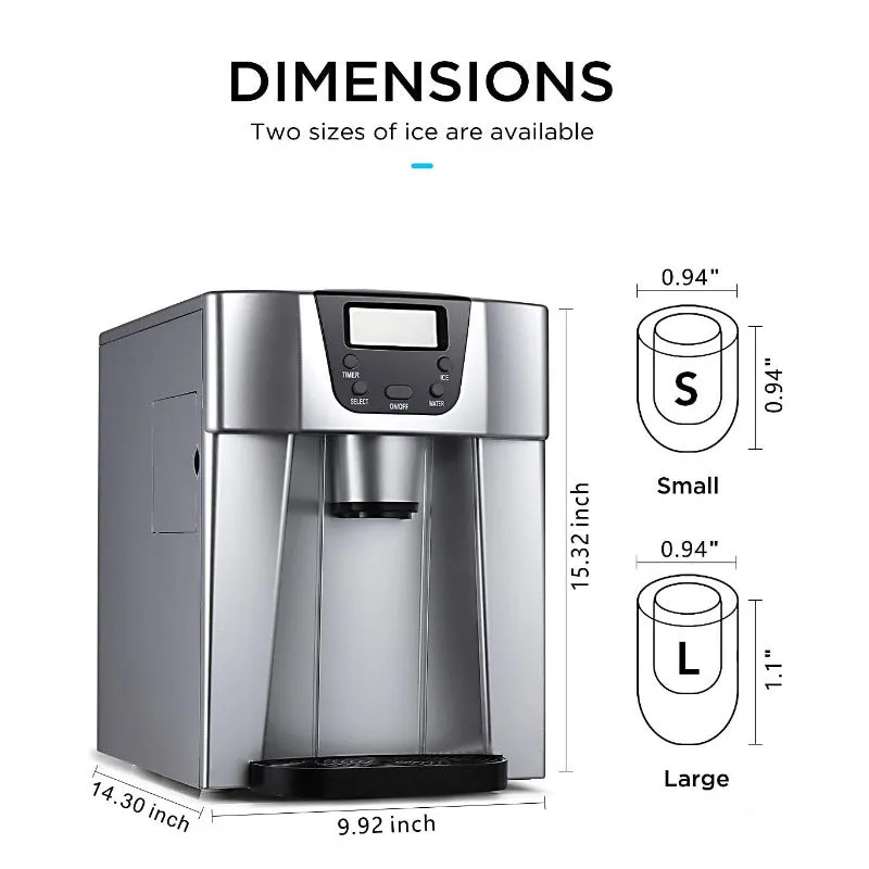 Red desktop ice maker with round ice cubes in basket, model 20E, 15kg daily capacity