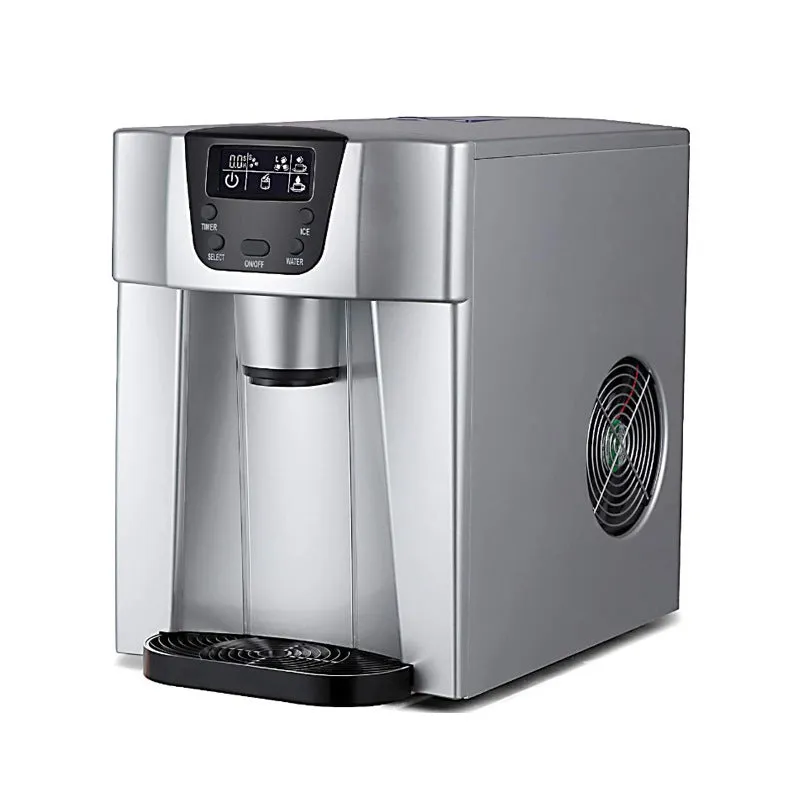 Red desktop ice maker with round ice cubes in basket, model 20E, 15kg daily capacity