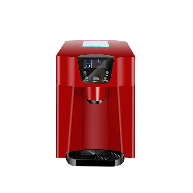 Red desktop ice maker with round ice cubes in basket, model 20E, 15kg daily capacity
