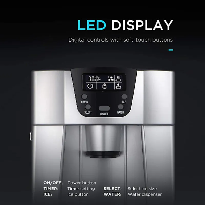 Red desktop ice maker with round ice cubes in basket, model 20E, 15kg daily capacity