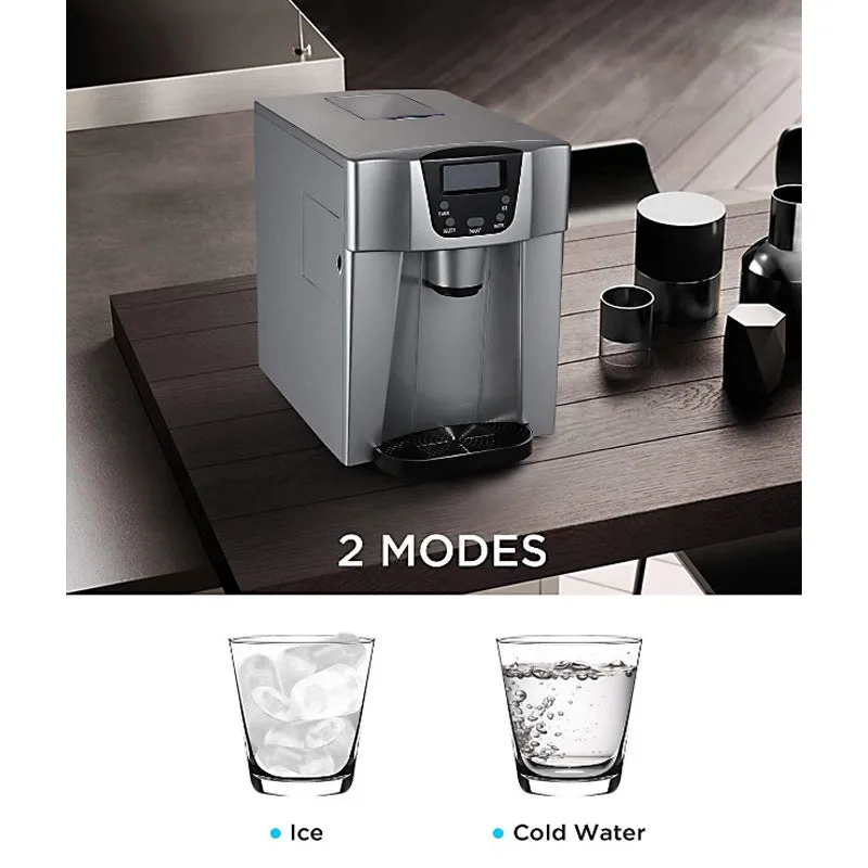 Red desktop ice maker with round ice cubes in basket, model 20E, 15kg daily capacity