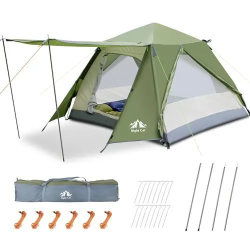 Dark green two-person instant pop-up camping tent with waterproof rainfly