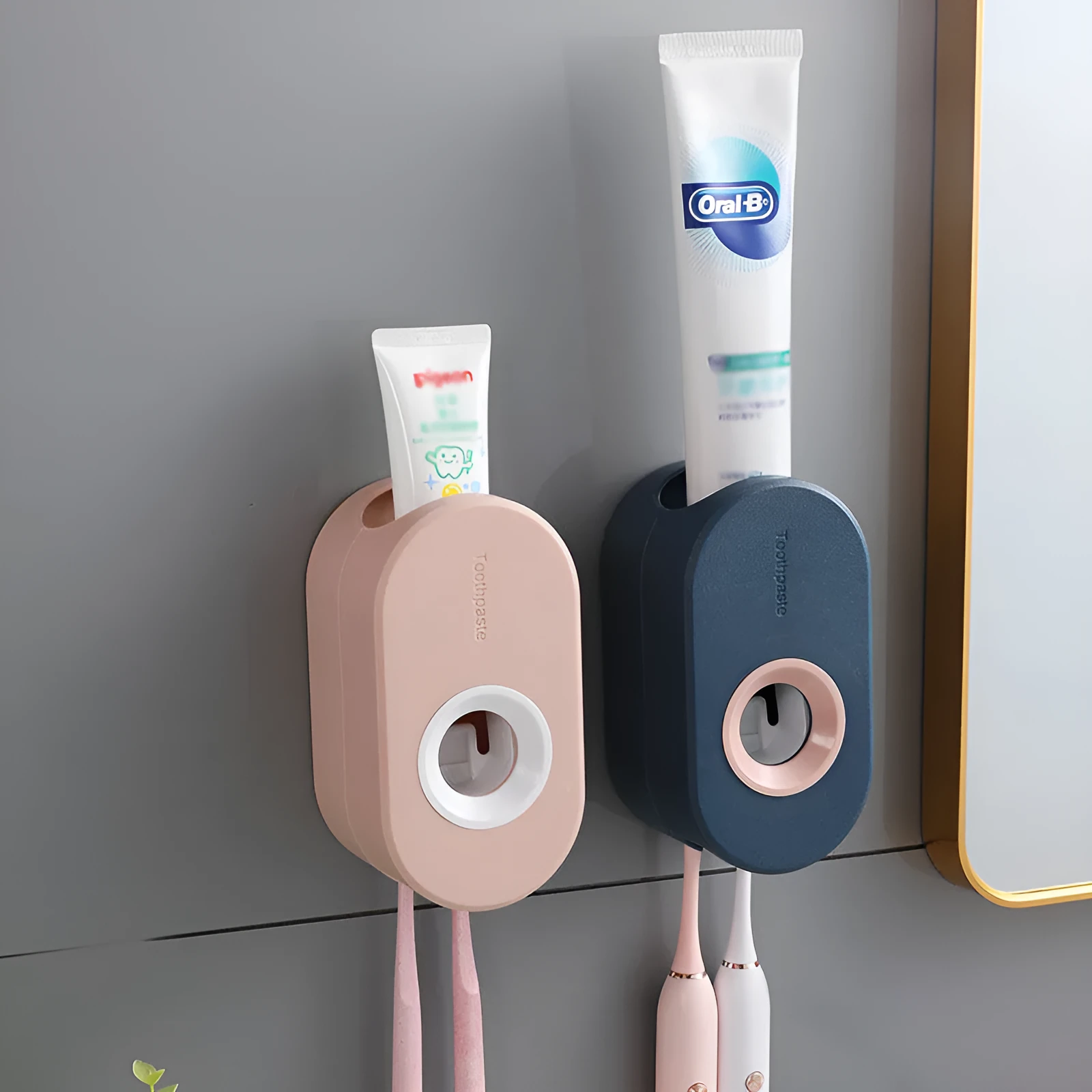Second generation plastic toothpaste dispenser in green and pink, non-punching mount, 15cm height, high-quality polypropylene