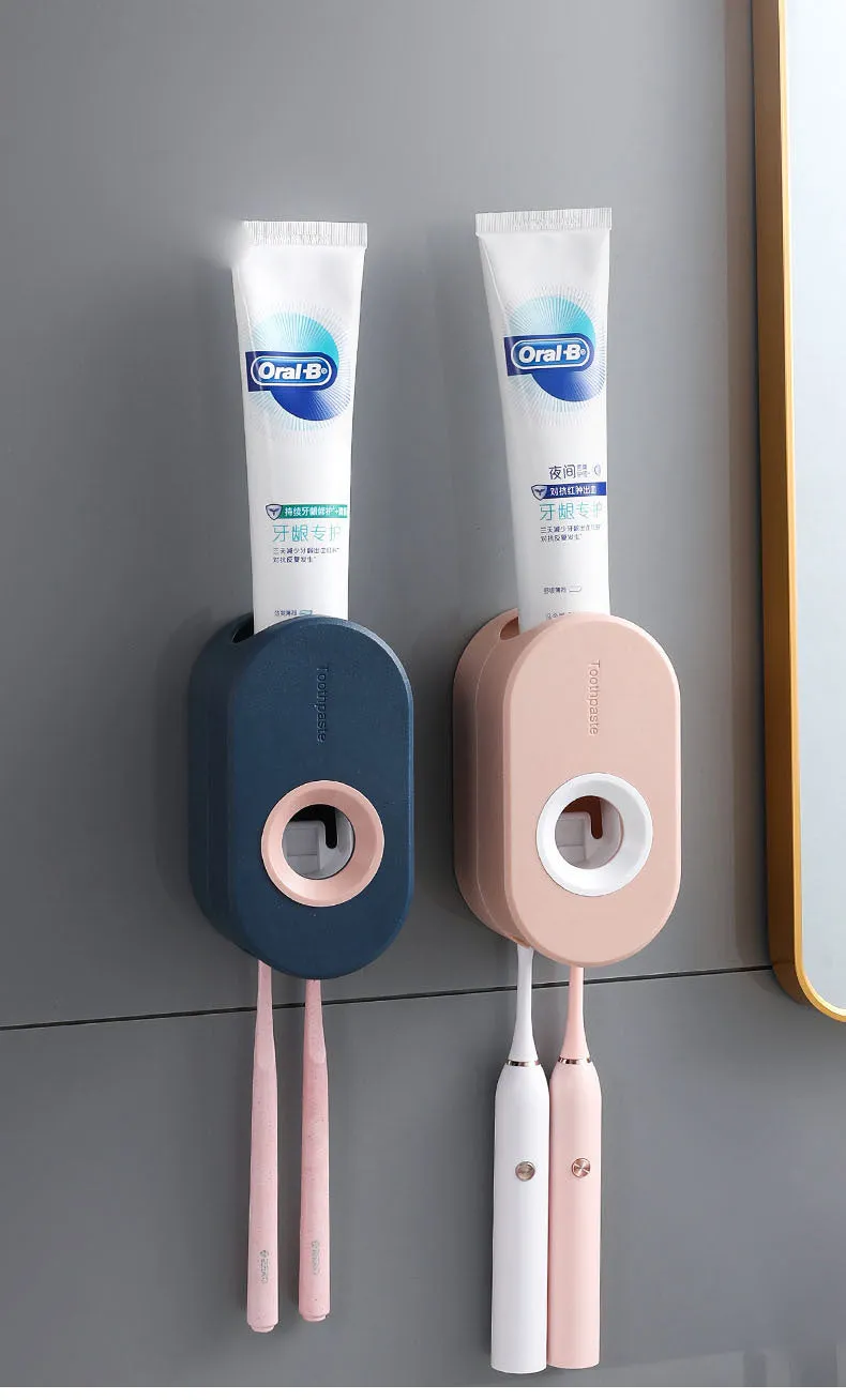 Second generation plastic toothpaste dispenser in green and pink, non-punching mount, 15cm height, high-quality polypropylene