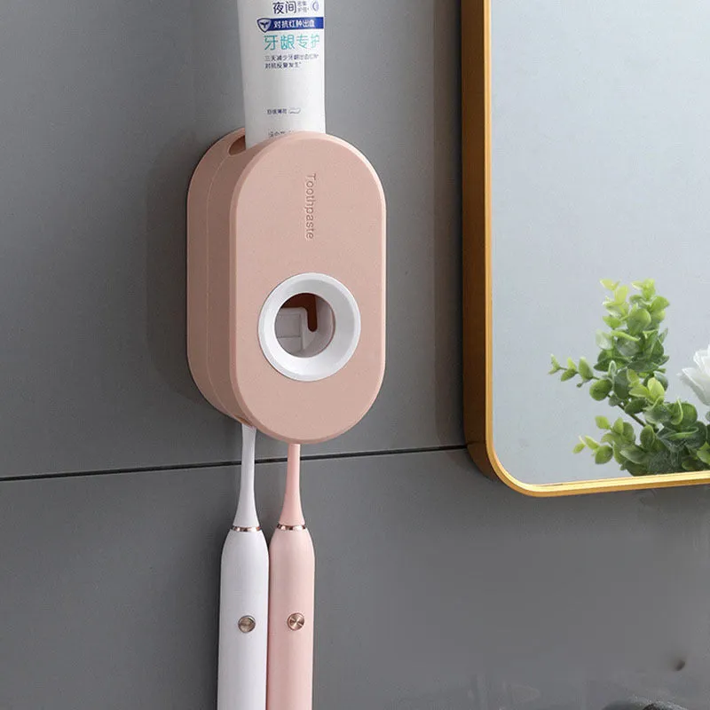 Second generation plastic toothpaste dispenser in green and pink, non-punching mount, 15cm height, high-quality polypropylene