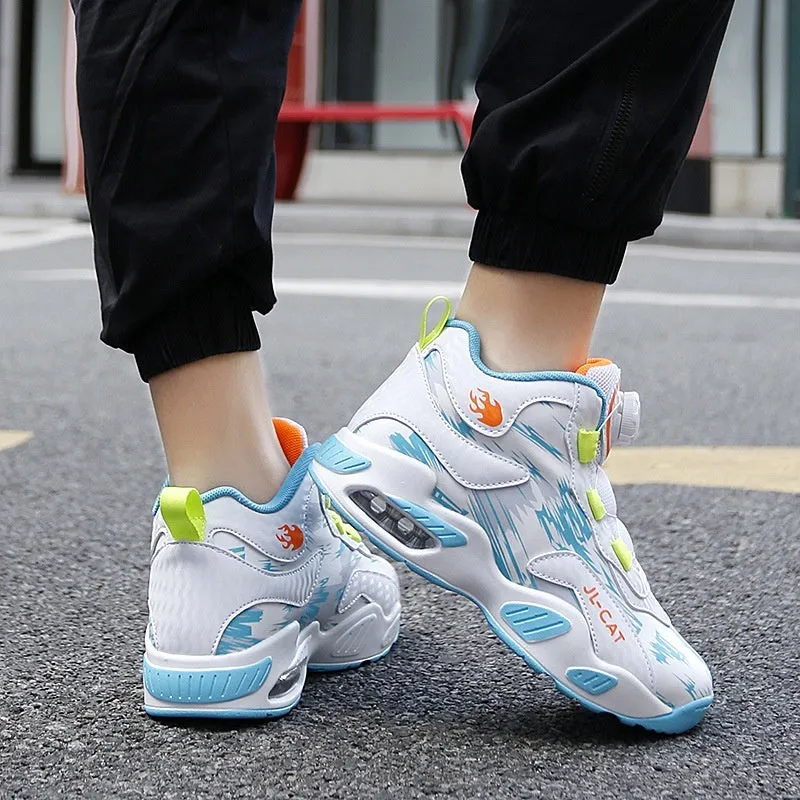 Children's rotating button basketball shoes in synthetic leather with waterproof feature