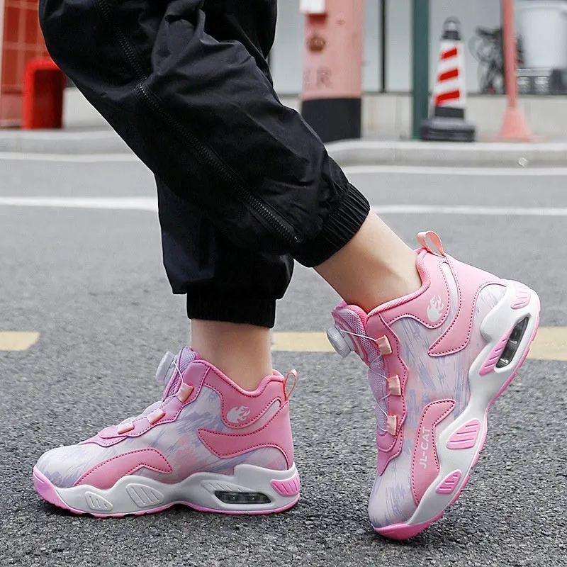 Children's rotating button basketball shoes in synthetic leather with waterproof feature
