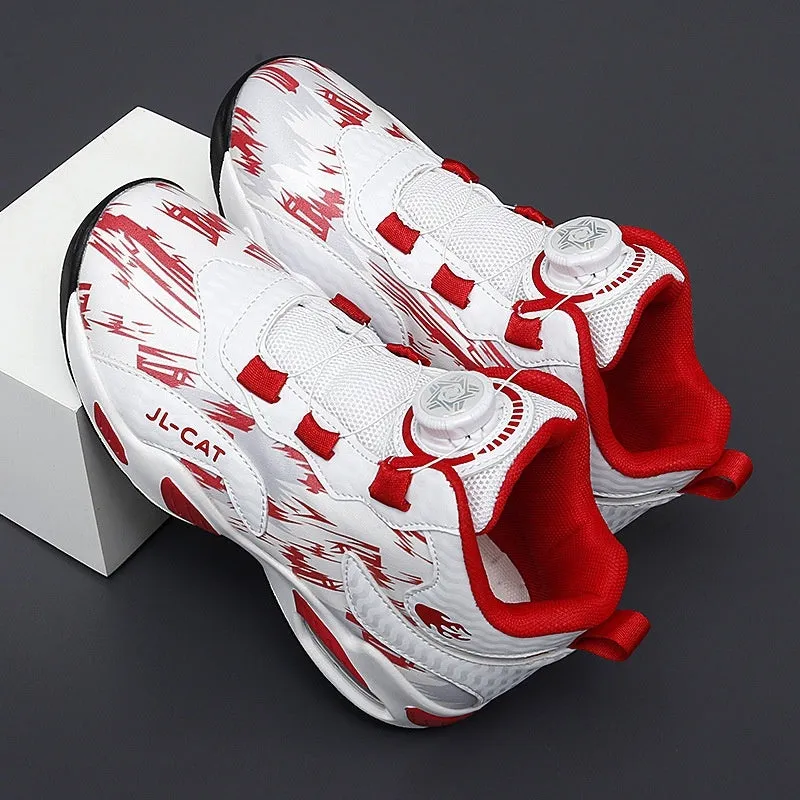 Children's rotating button basketball shoes in synthetic leather with waterproof feature