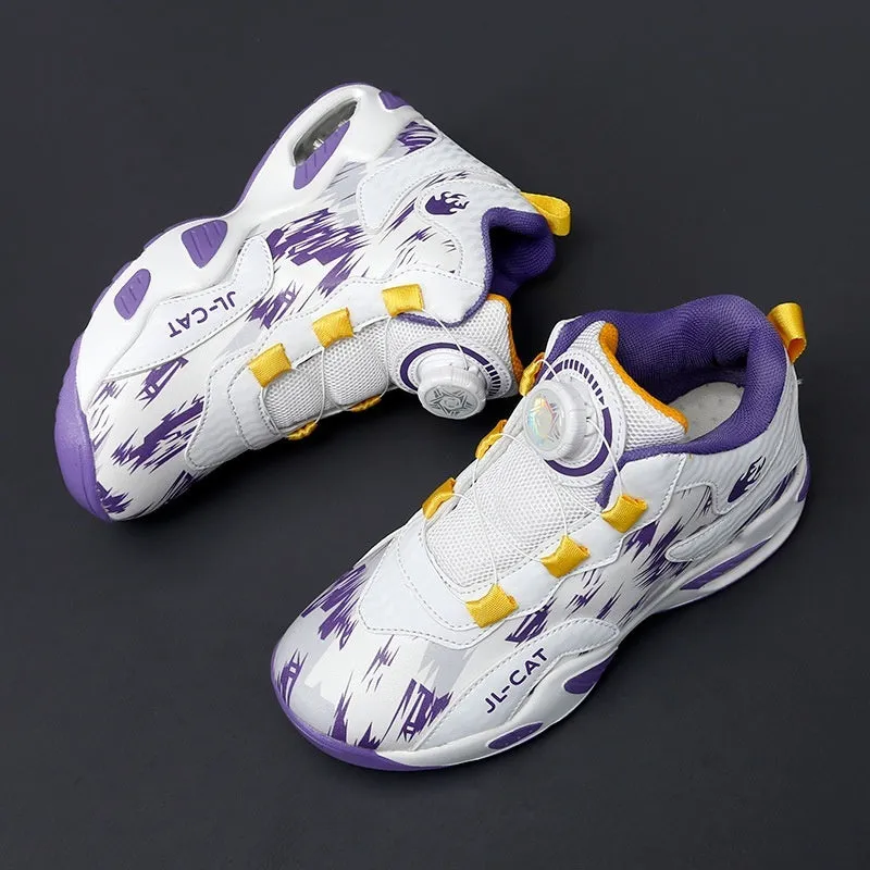 Children's rotating button basketball shoes in synthetic leather with waterproof feature
