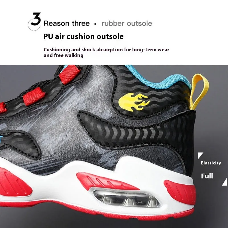 Children's rotating button basketball shoes in synthetic leather with waterproof feature