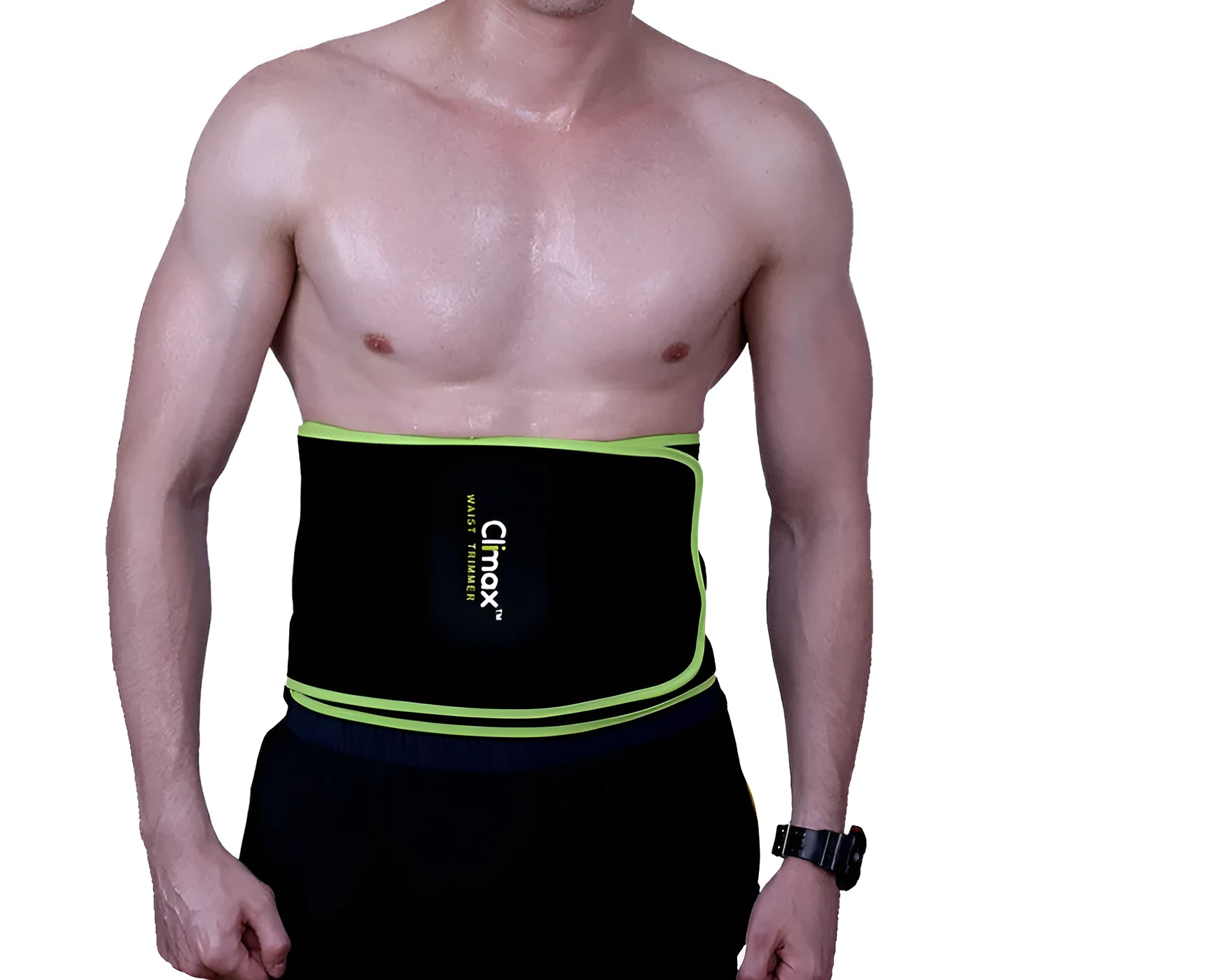 Bodybuilding sports belt black edging green with neoprene foam core adjustable free size waist up to 105 cm