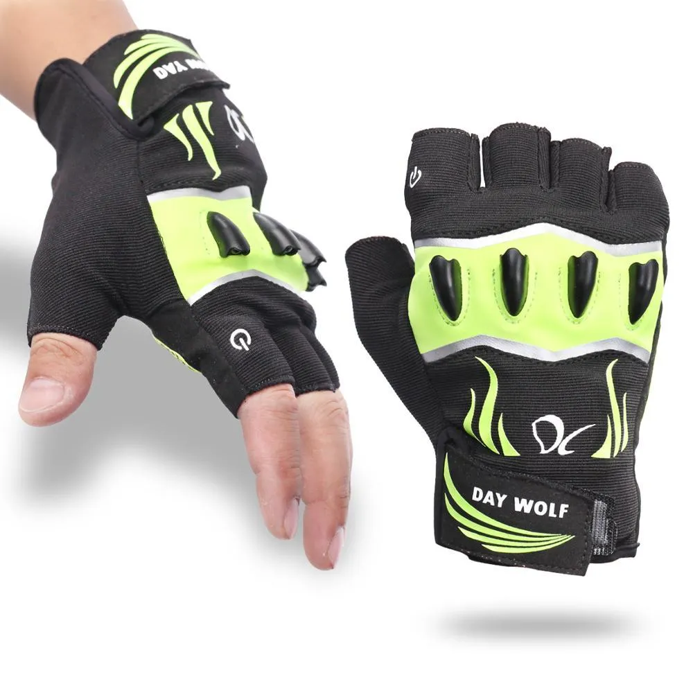 Fingerless leather bike gloves in black green with USB lighting, non-slip palm
