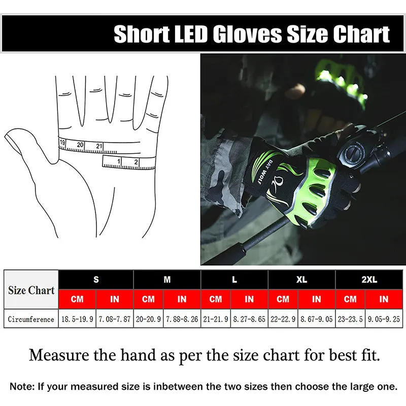 Fingerless leather bike gloves in black green with USB lighting, non-slip palm