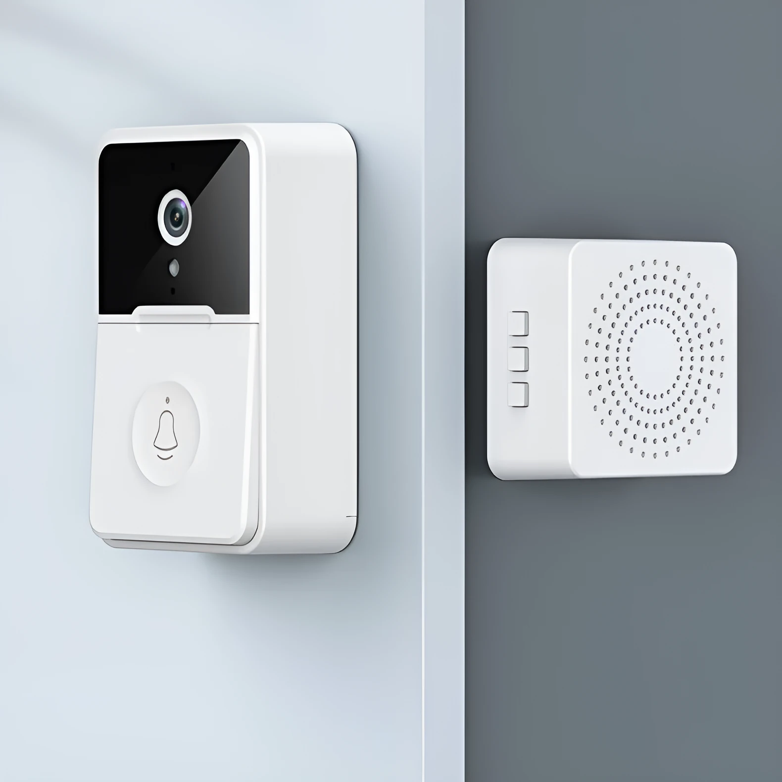 White ABS smart doorbell with HD night vision, remote monitoring, and sound changing feature