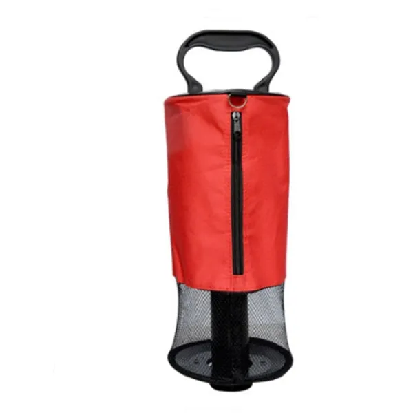 Red detachable portable pick up retriever with nylon zipper bag and plastic handle on grass, holding golf balls