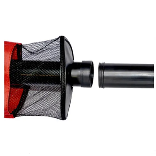 Red detachable portable pick up retriever with nylon zipper bag and plastic handle on grass, holding golf balls