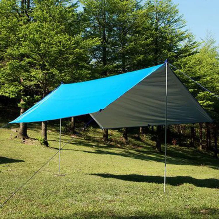 300x300cm awning sun shelter made of waterproof Oxford fabric in army green, set up outdoors with wind ropes