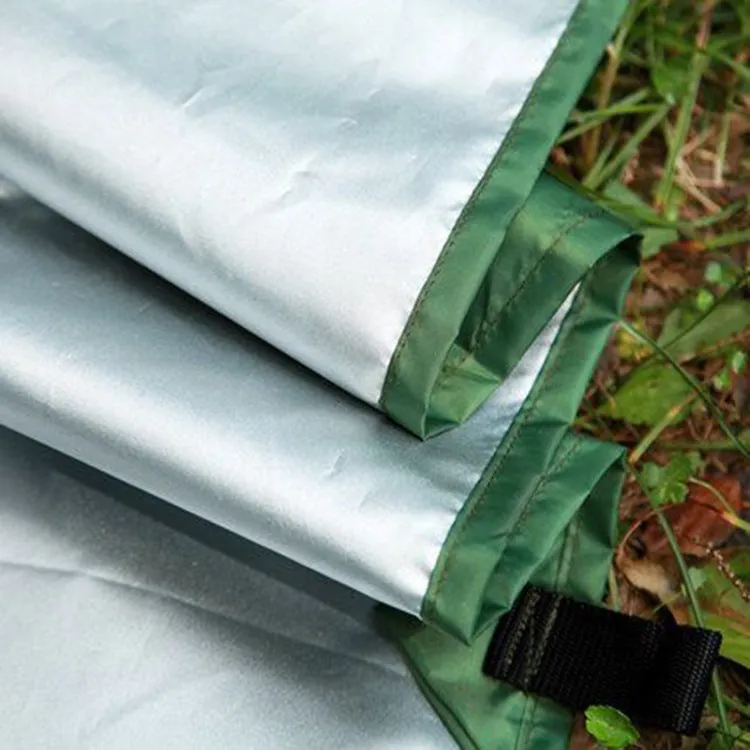 300x300cm awning sun shelter made of waterproof Oxford fabric in army green, set up outdoors with wind ropes
