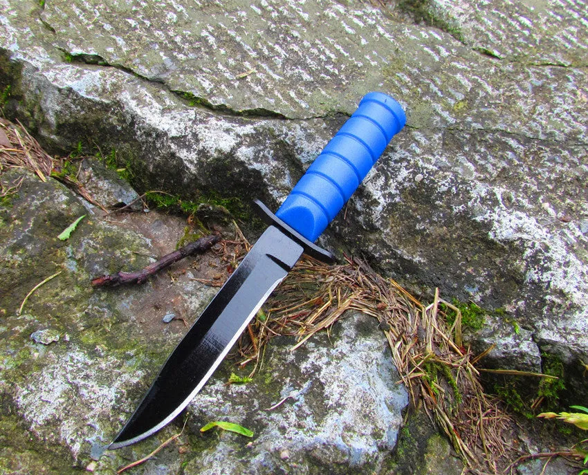 Stainless steel camping survival knife with black aluminium alloy handle on white background