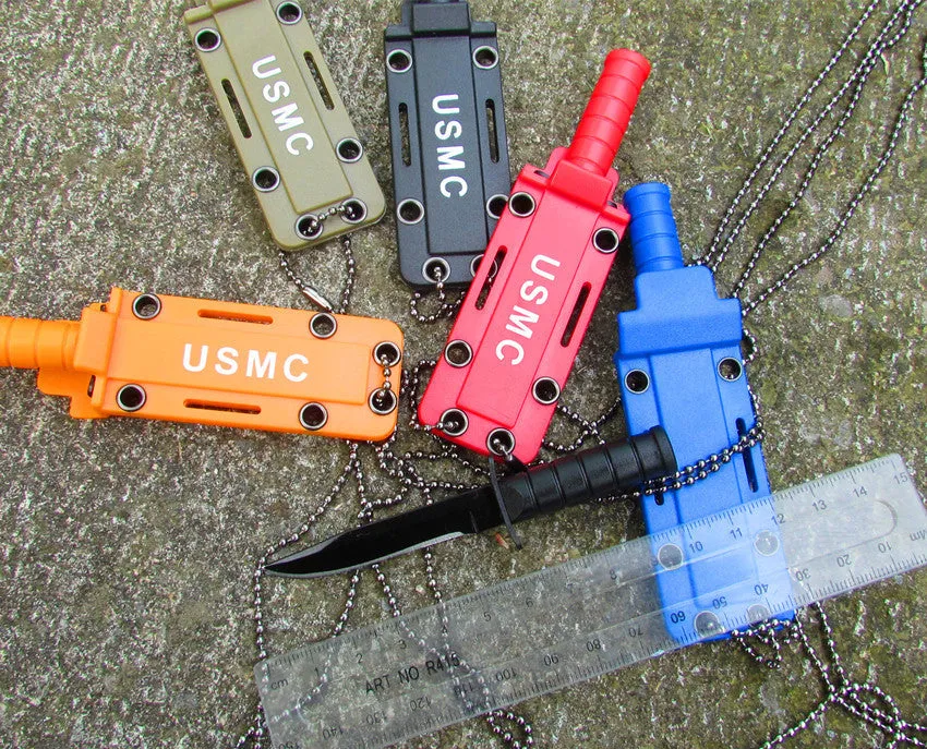 Stainless steel camping survival knife with black aluminium alloy handle on white background