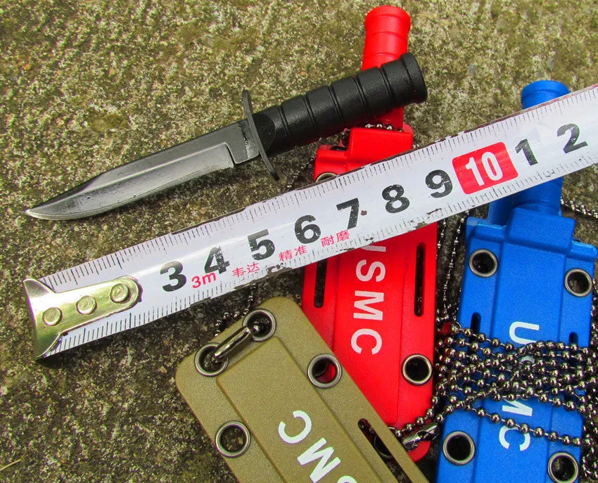 Stainless steel camping survival knife with black aluminium alloy handle on white background