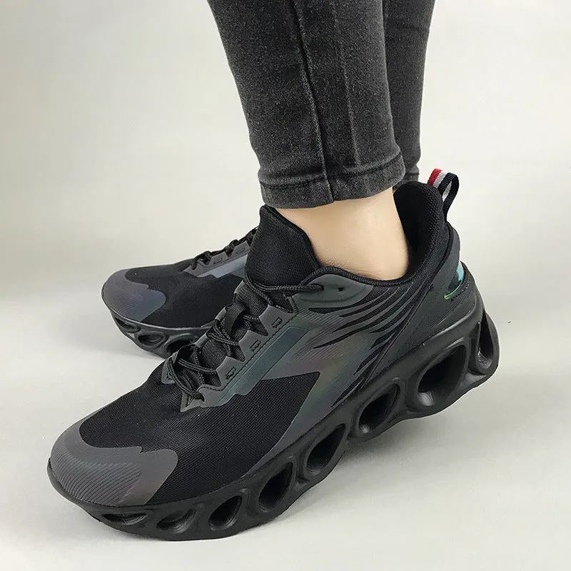 Breathable mesh men's casual sports shoes in black with white laces and a low-top EVA sole design.