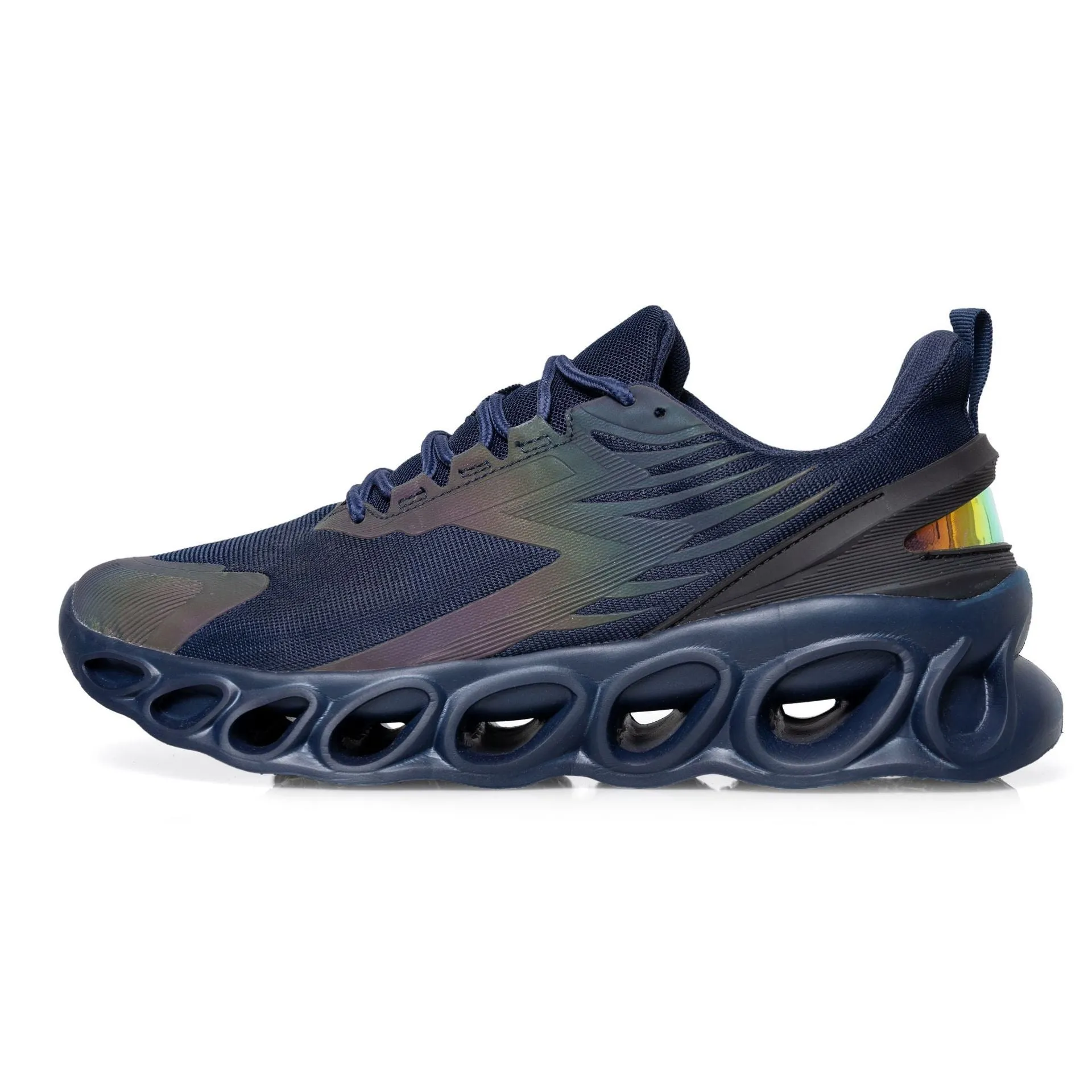 Breathable mesh men's casual sports shoes in black with white laces and a low-top EVA sole design.