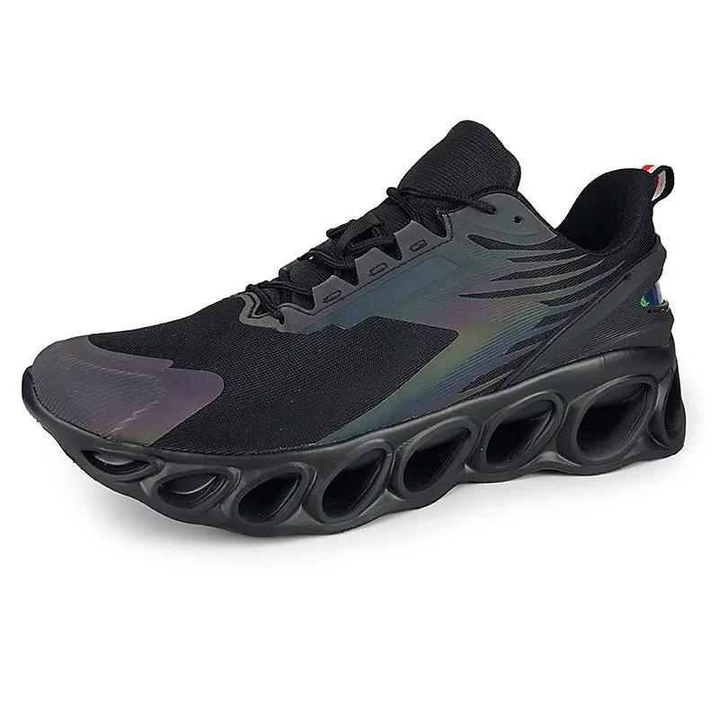 Breathable mesh men's casual sports shoes in black with white laces and a low-top EVA sole design.