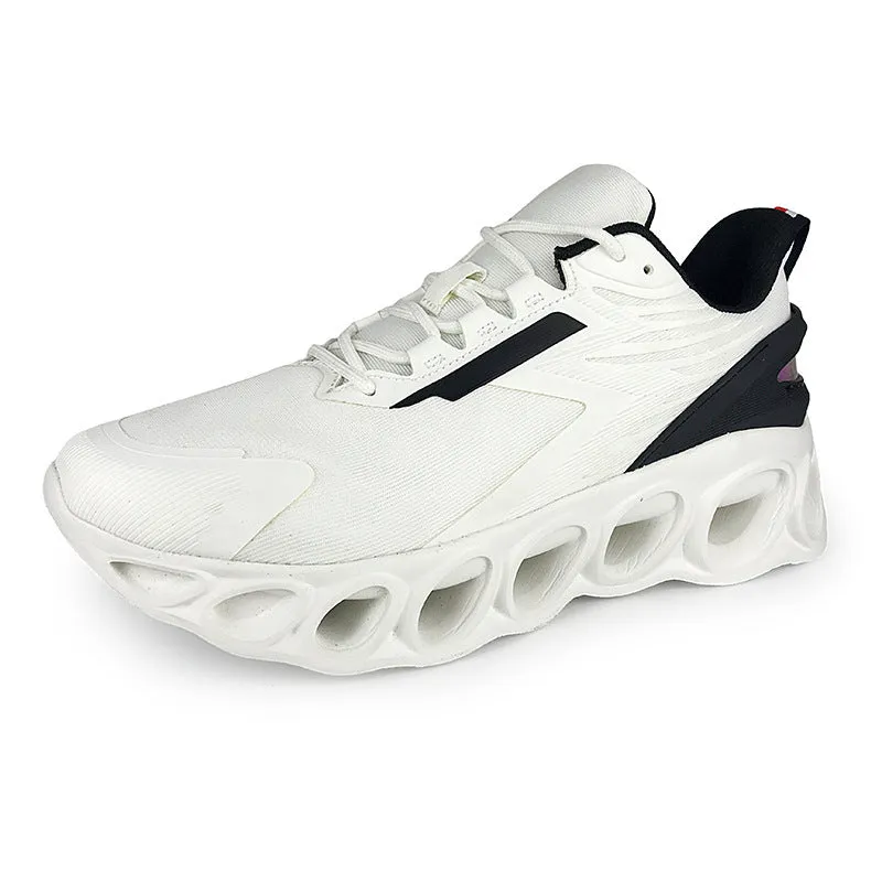 Breathable mesh men's casual sports shoes in black with white laces and a low-top EVA sole design.