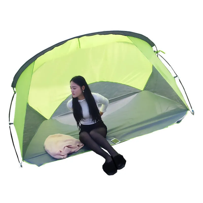 Green double-layer outdoor camping beach tent with glass fibre poles for two people fishing picnic