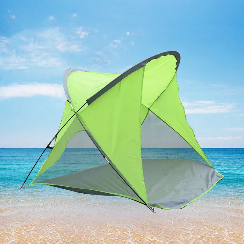 Green double-layer outdoor camping beach tent with glass fibre poles for two people fishing picnic