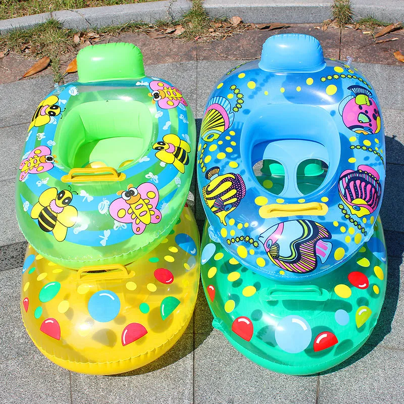Inflatable baby swimming ring with cartoon pattern and built-in seat, 65x45cm inflated size