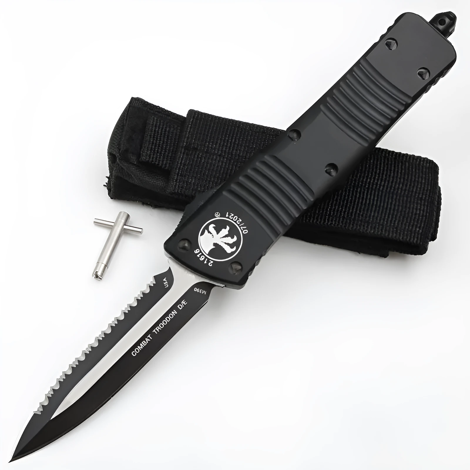 Outdoor camping tactical folding knife with D2 steel blade, black and white wire drawing finish, and aviation aluminium handle