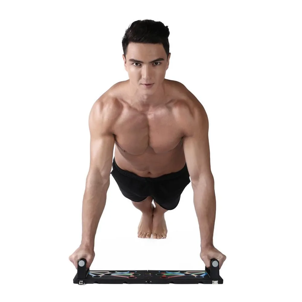 Yunmai push-up stand in black with two armrests and support board on floor