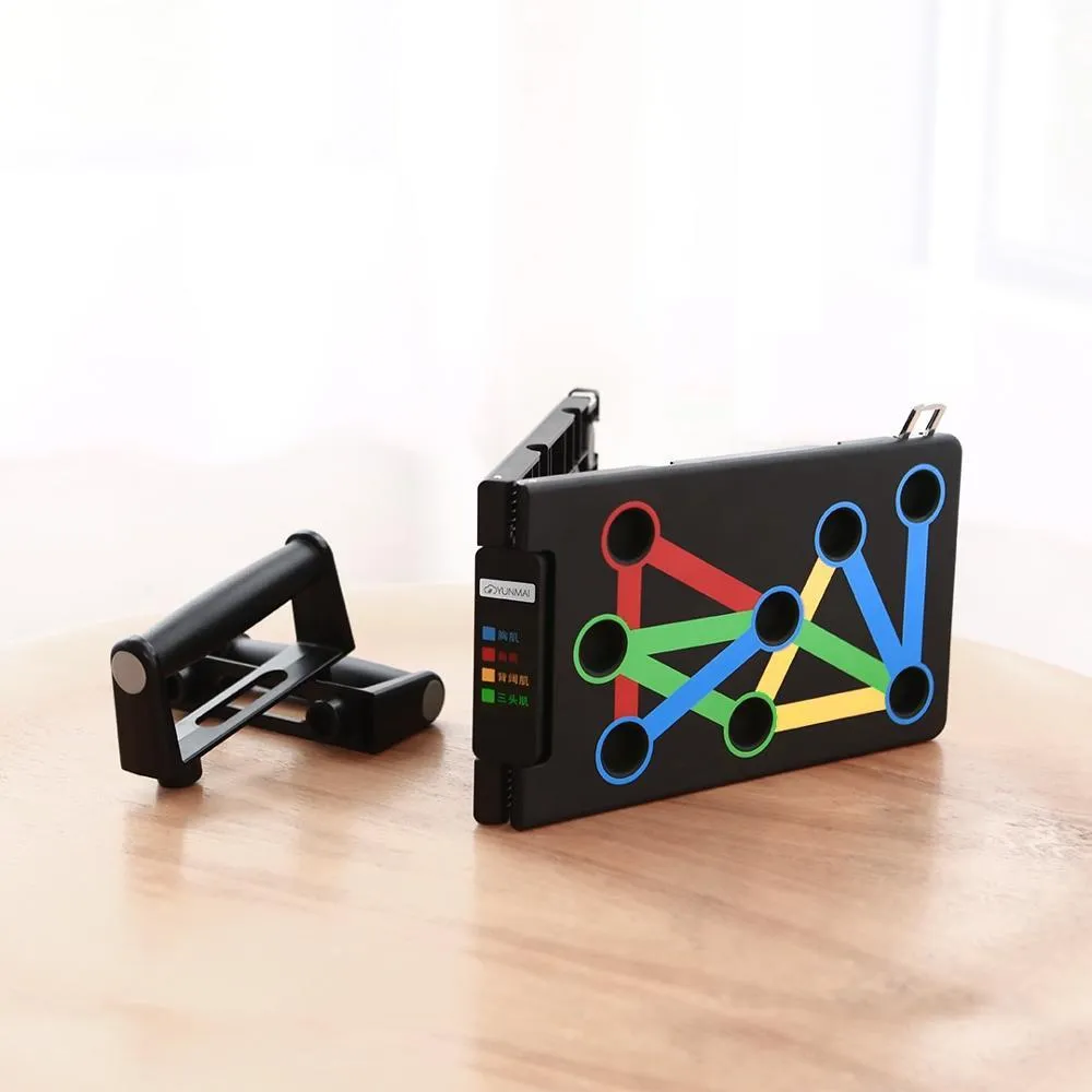 Yunmai push-up stand in black with two armrests and support board on floor