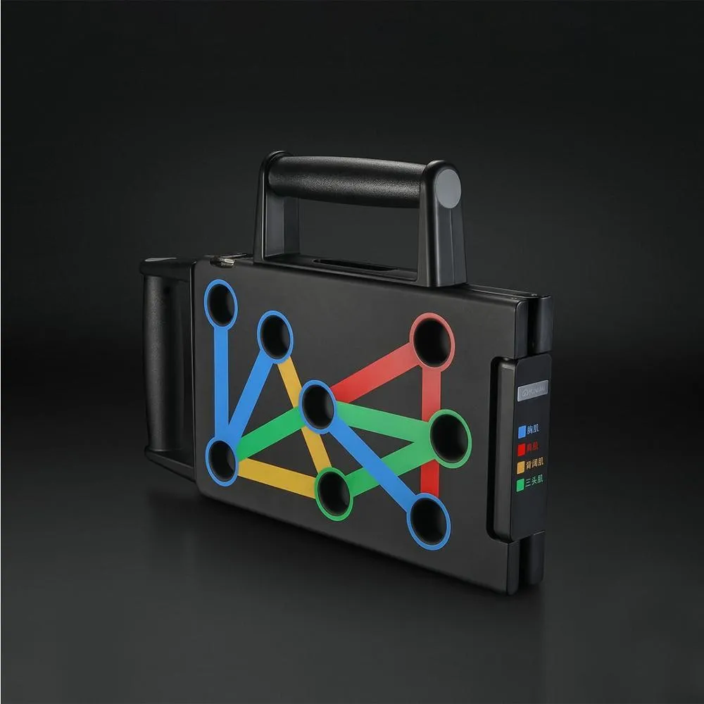 Yunmai push-up stand in black with two armrests and support board on floor