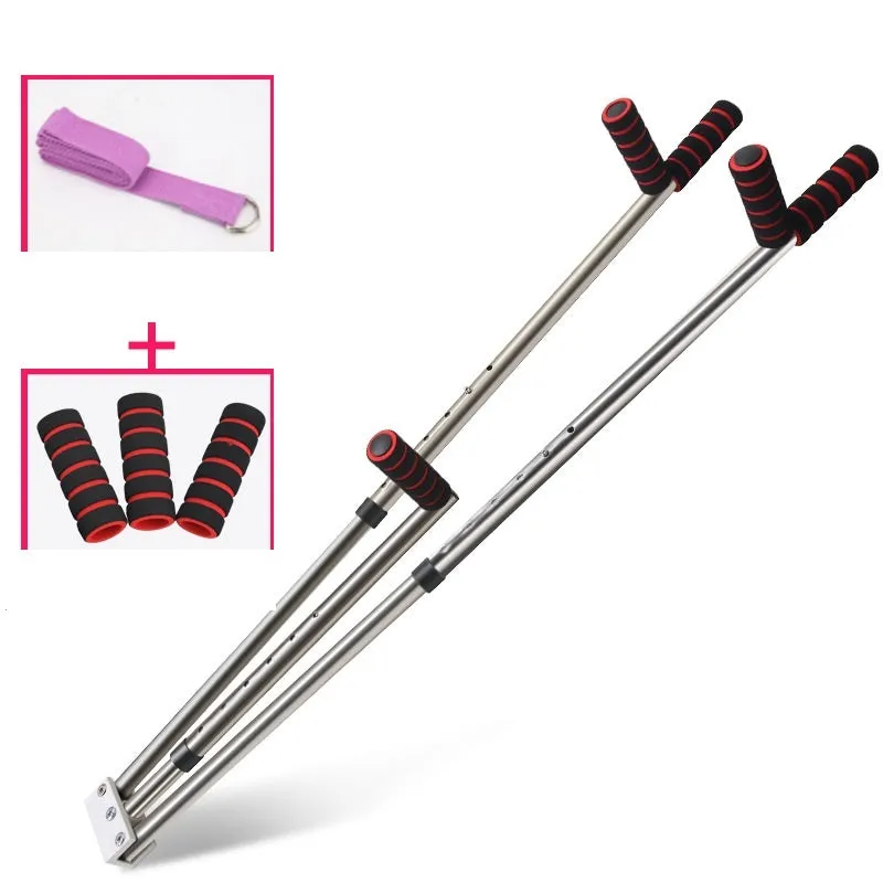 Cross fork lacing artifact leg stretcher with two extension bars, centre handle, and soft foam grips in black