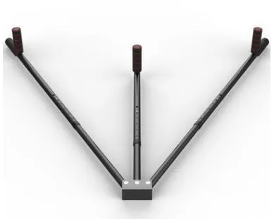 Cross fork lacing artifact leg stretcher with two extension bars, centre handle, and soft foam grips in black