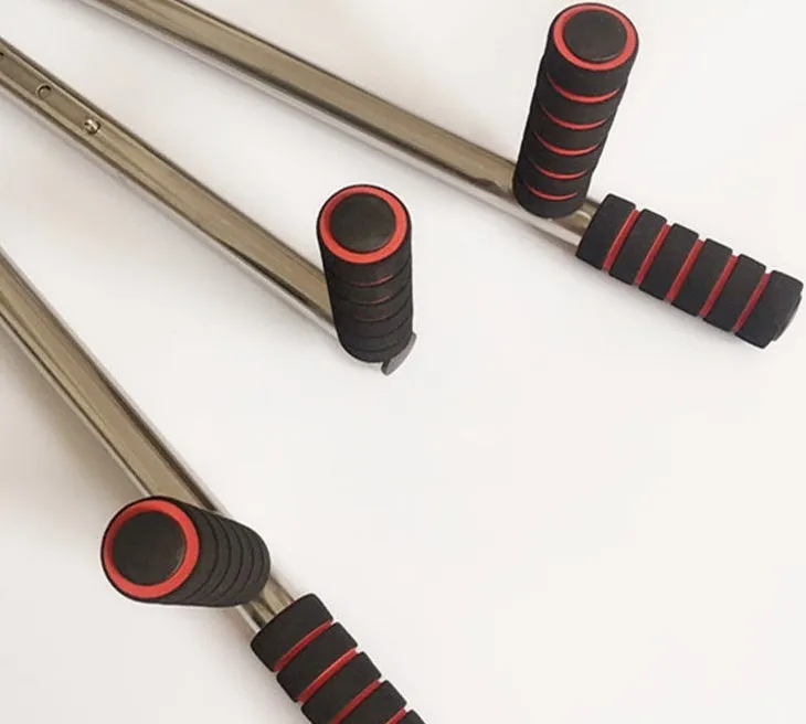 Cross fork lacing artifact leg stretcher with two extension bars, centre handle, and soft foam grips in black