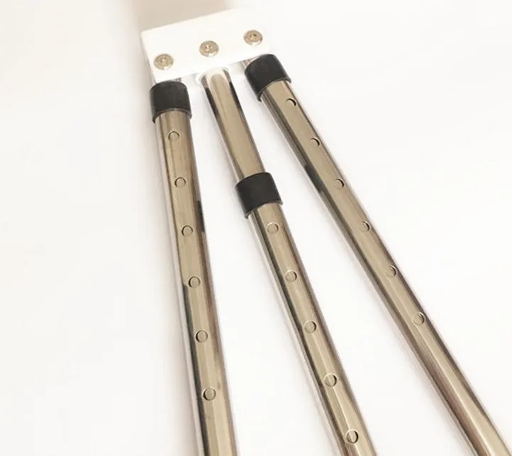 Cross fork lacing artifact leg stretcher with two extension bars, centre handle, and soft foam grips in black